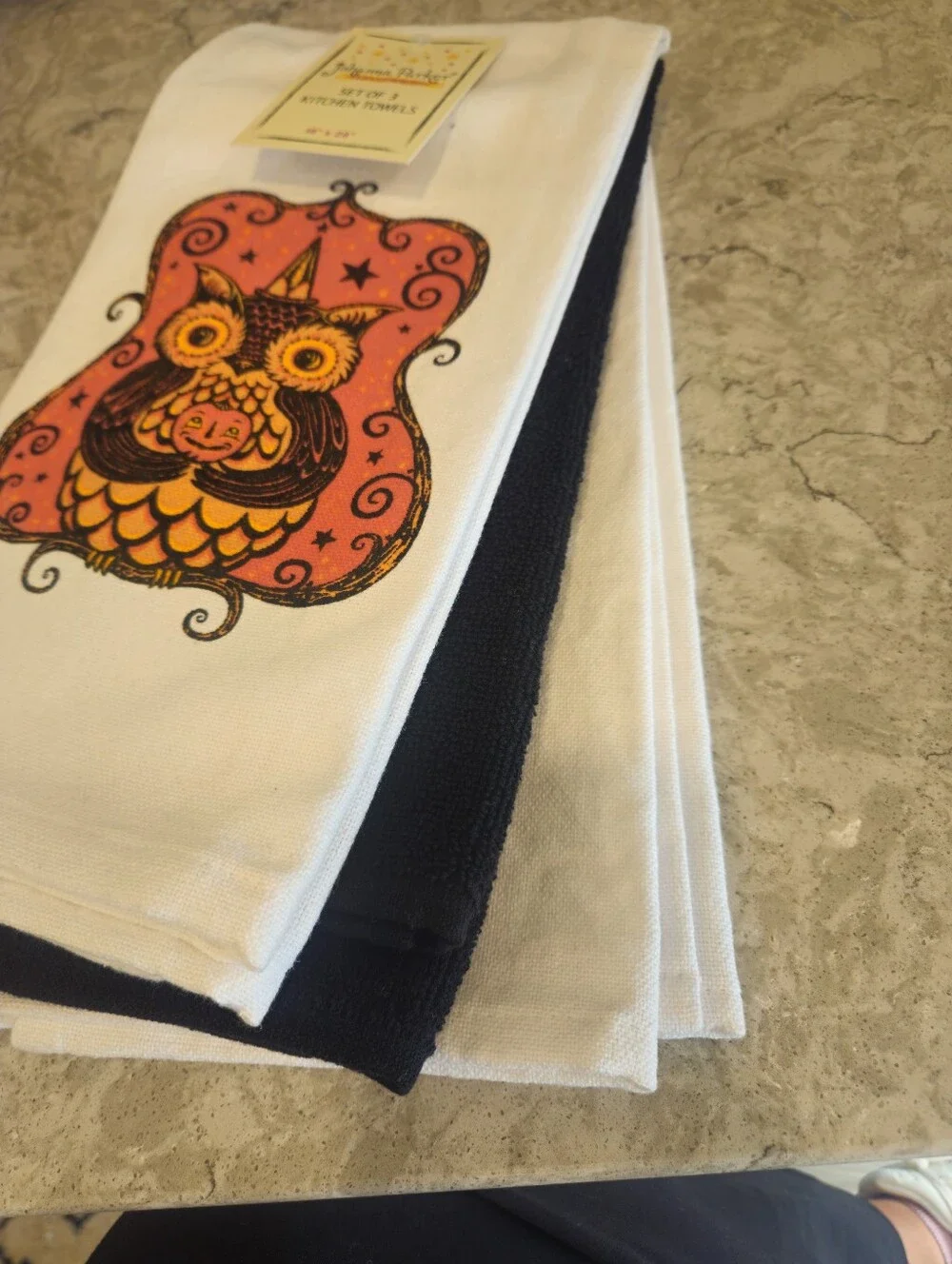 Johanna Parker Retro Halloween Owl Pumpkin Stars Kitchen Towels NWT Cotton